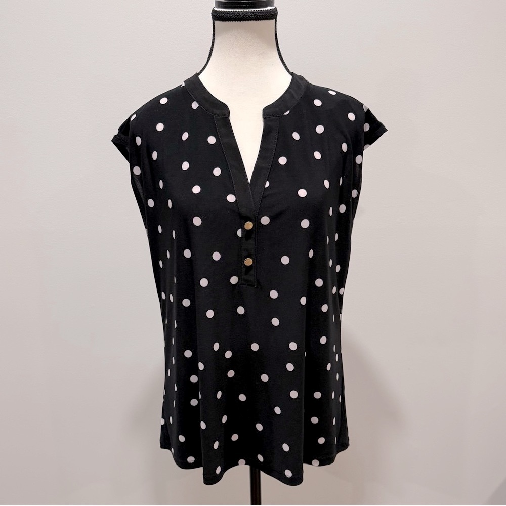 Classic Black & White Polka Dot Sleeveless Blouse by Anne Klein – Size M